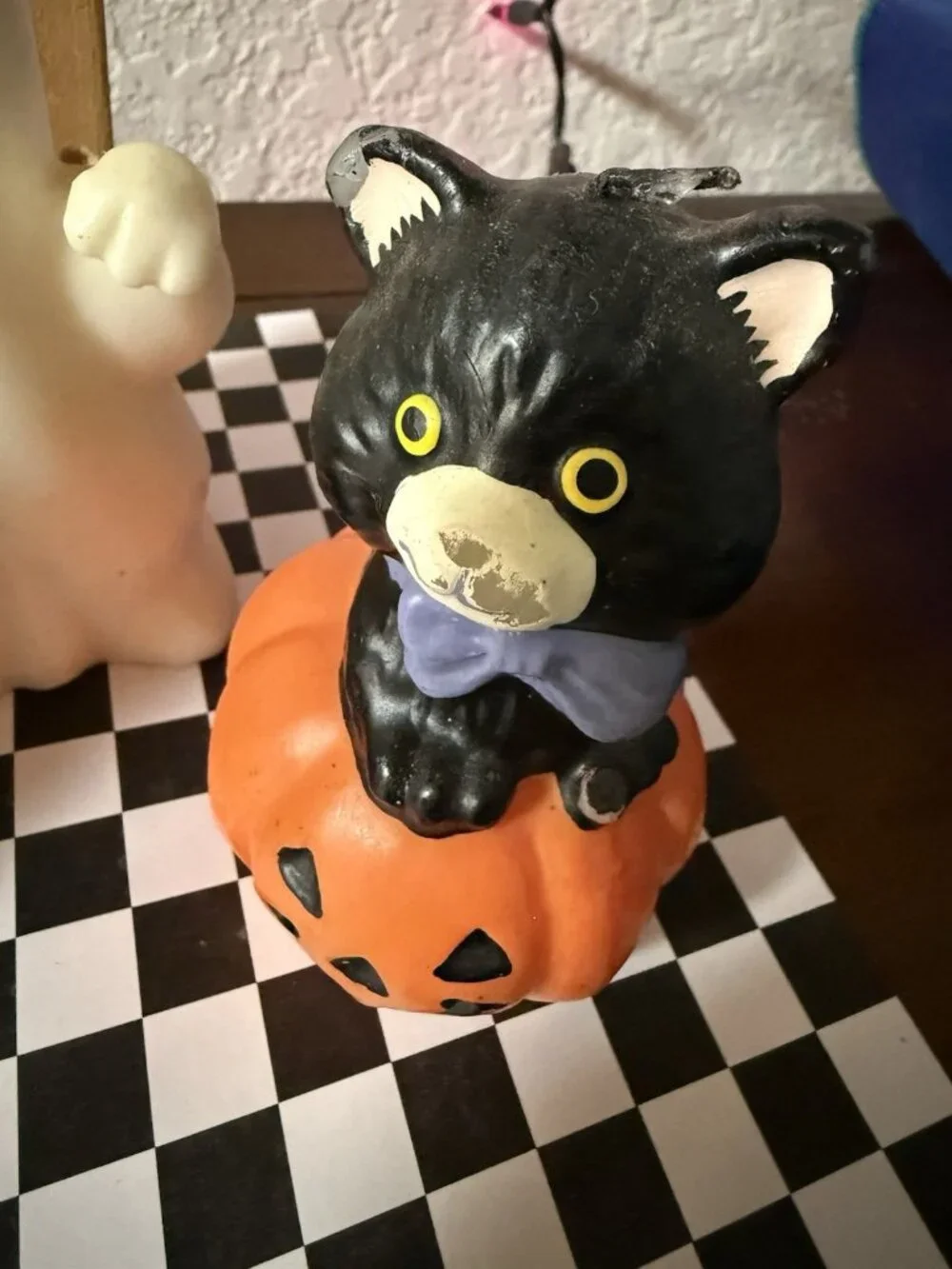 3 Vintage Halloween Candles Black Cats In Pumpkin Ghost Retro Table Top Mantel